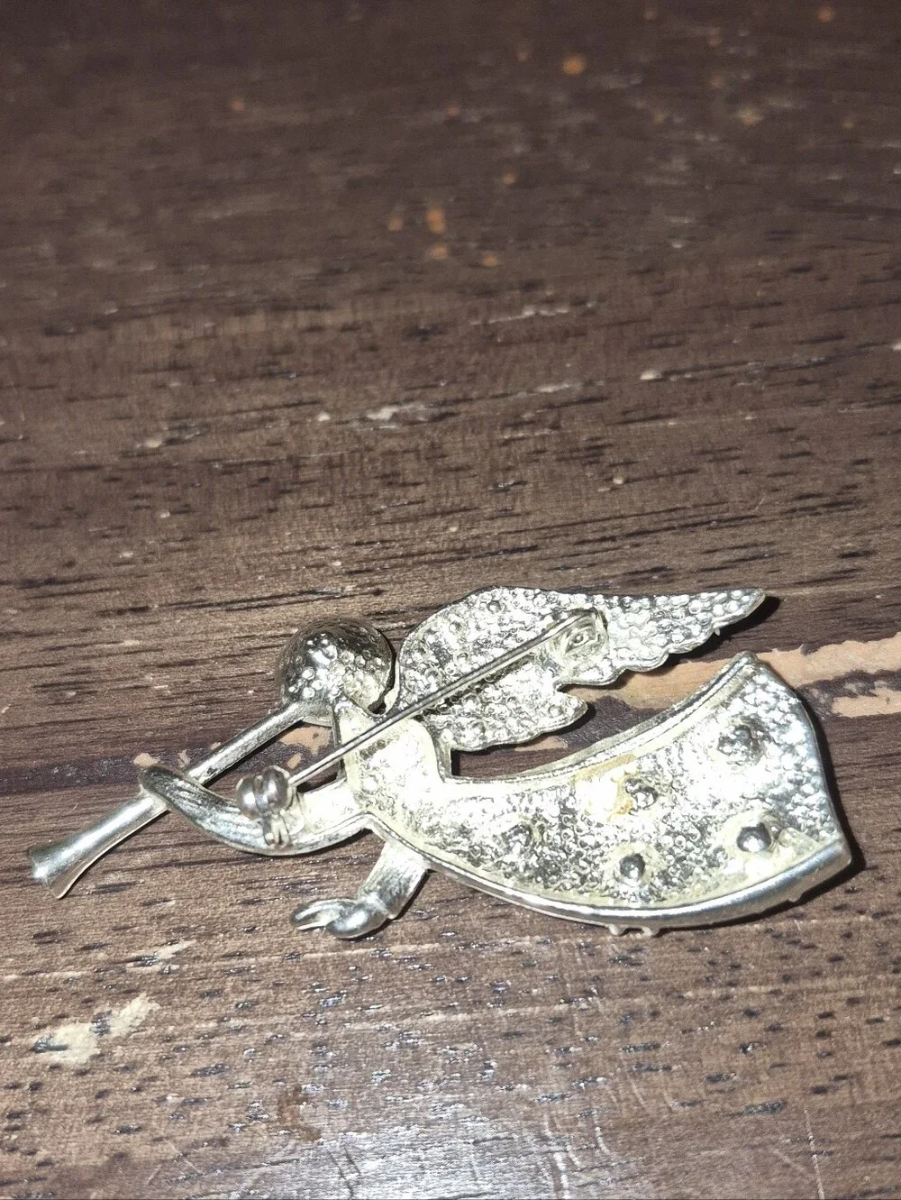 Unsigned Vintage Aurora Borealis Crystal Angel Brooch in Silver Tone